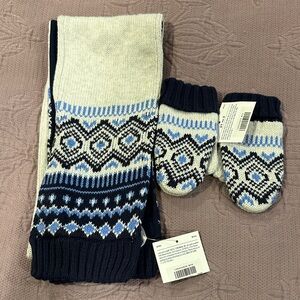 Janie and Jack Navy and Cream Patterned Scarf and Mittens 2-3T new with tags